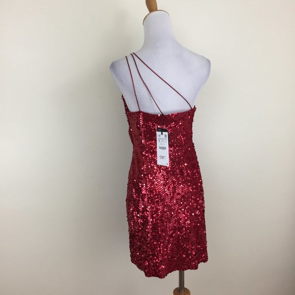 NWT ZARA Red Embellished Sequined Asymmetric Double Strap Front Lined Dress - Picture 8 of 8
